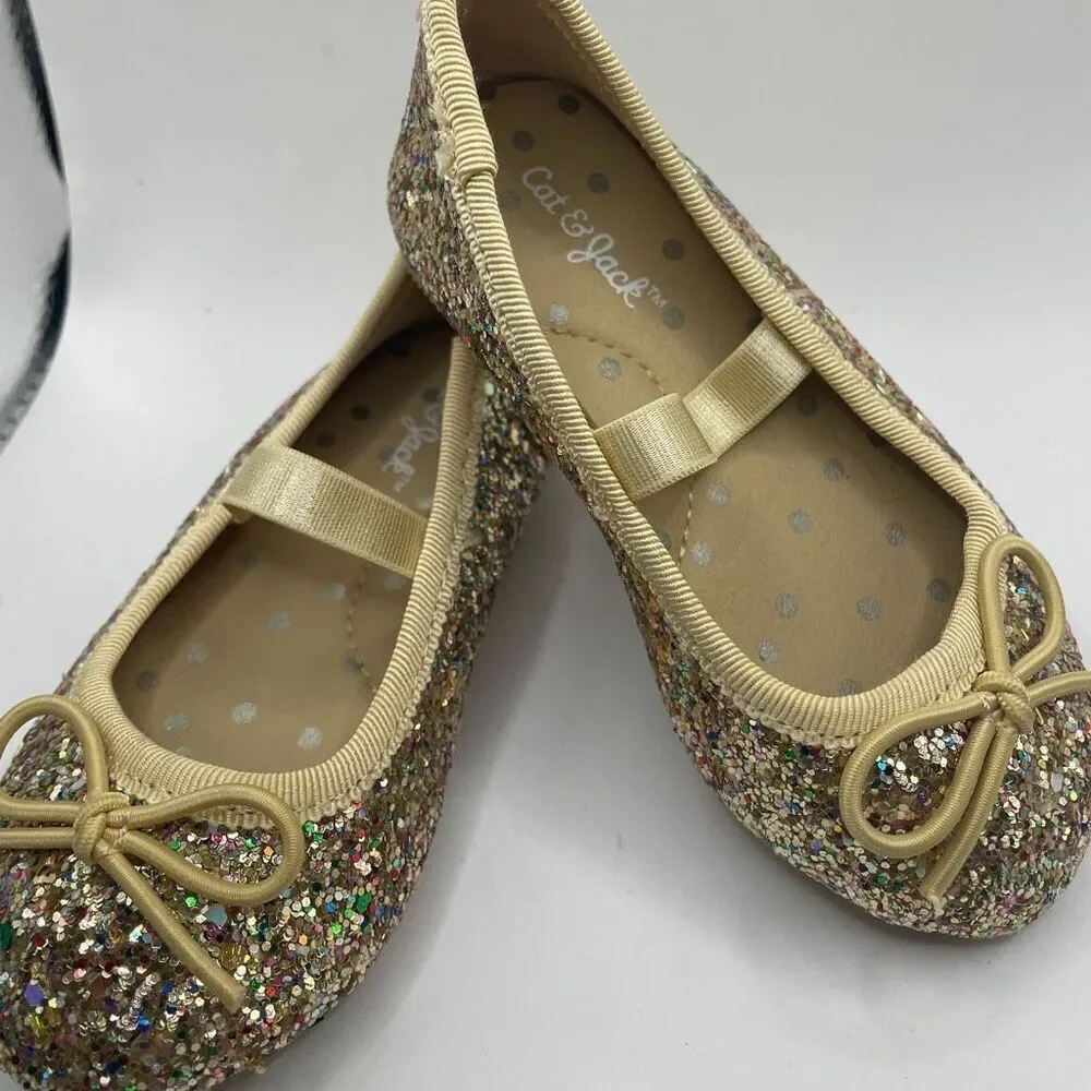 Cat & Jack Girls Size 5 Glitter Ballet Flats Gold Bow Sparkly Slip-On Dress Shoe